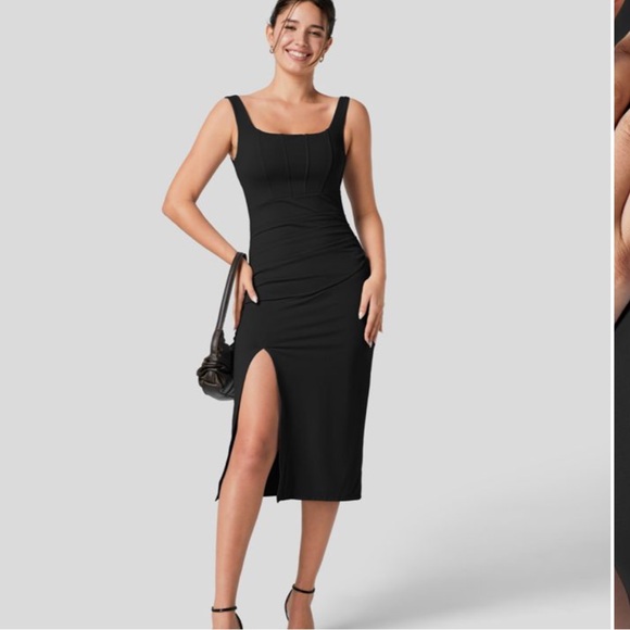 Halara Square Neck Backless Corset Ruched Split Bodycon Midi Casual Dress - Picture 6 of 8